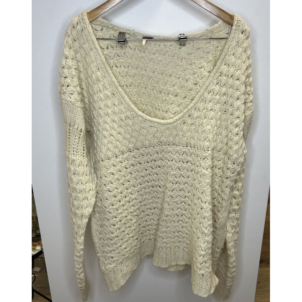 Free People Women's Size LCrashing Waves Sweater Cream Wool Blend‎ Open Knit